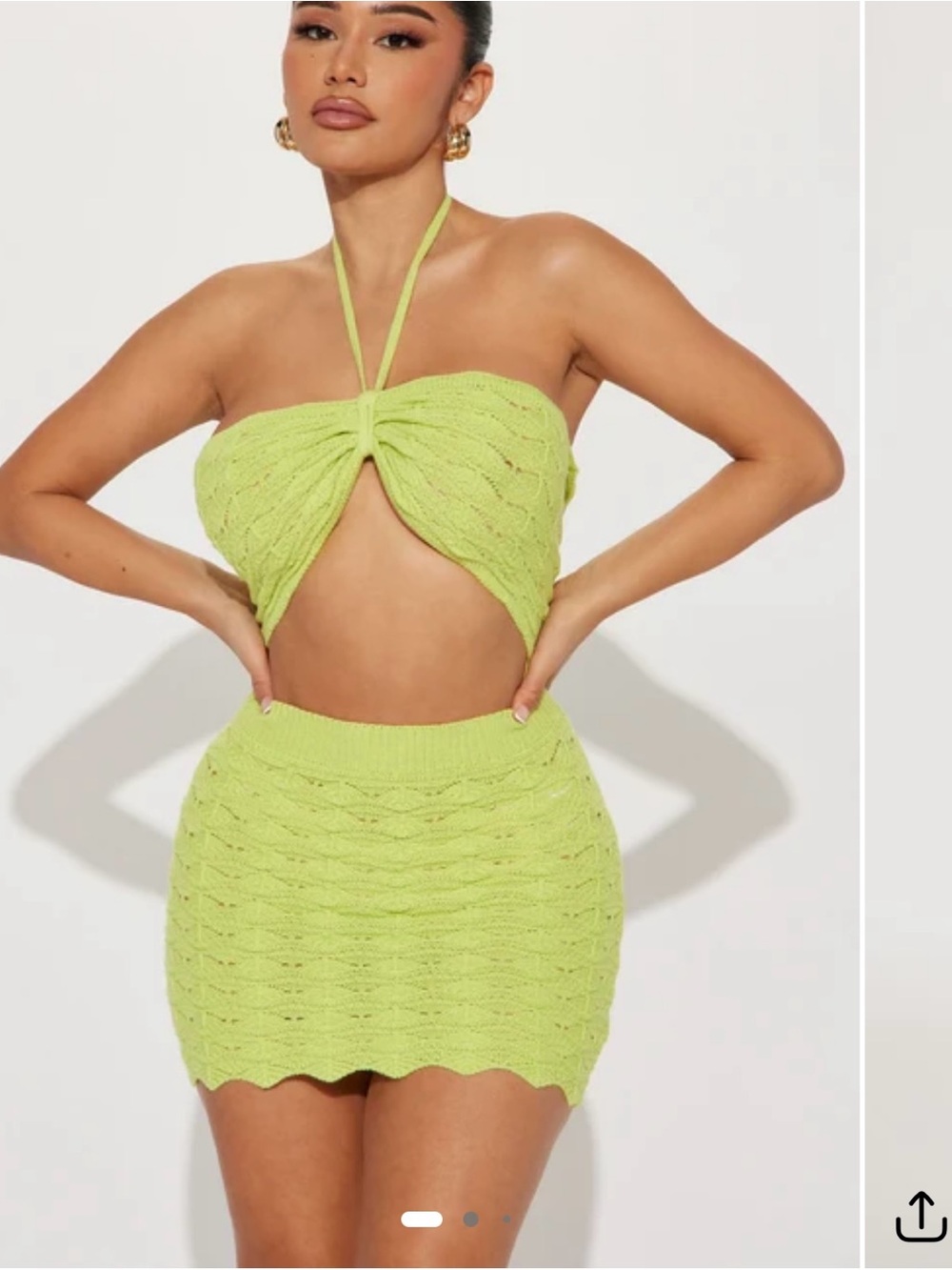Fashion Nova Lime Knit Halter Bikini Set with Mini Skirt